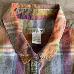 Women's ORVIS Colorful Plaid Roll-Tab Shirt Top 100% Linen Size 12 Flap Pocket